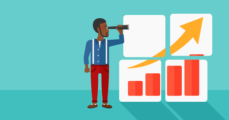 An african-american man looking through a spyglass at a positive bar chart on a blue background vector flat design illustration. Horizontal layout.のイラスト素材