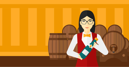 An asian waitress standing in wine cellar and holding a bottle in hands vector flat design illustration. Horizontal layout.のイラスト素材