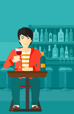 An asian man  sitting at the bar and drinking wine vector flat design illustration. Vertical layout.のイラスト素材