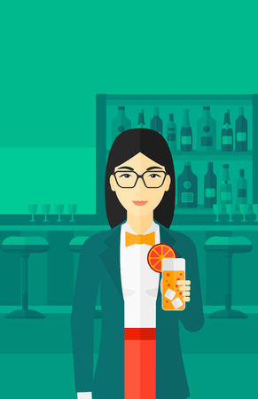 An asian cheerful woman standing at the bar and holding a glass of juice vector flat design illustration. Vertical layout.のイラスト素材