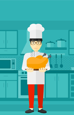 An asian chef stnding in the kitchen and holding a plate with a hot chicken vector flat design illustration. Vertical layout.のイラスト素材
