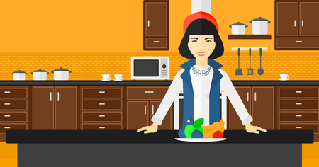 An asian woman standing in the kitchen in front of table full of organic healthy food vector flat design illustration. Horizontal layout.のイラスト素材