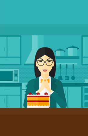 An asian woman standing in the kitchen and looking with passion at a big cake vector flat design illustration. Vertical layout.のイラスト素材