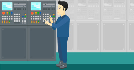 An asian man working on control panel at factory workshop vector flat design illustration. Horizontal layout.のイラスト素材