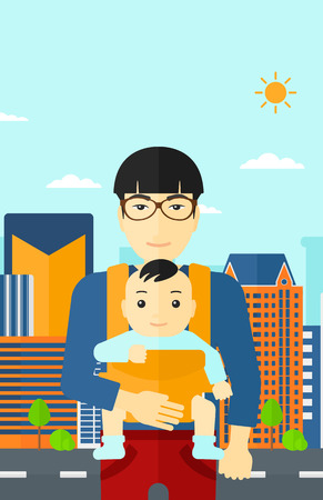 An asian man carrying a baby in sling on the background of modern city vector flat design illustration. Vertical layout.のイラスト素材