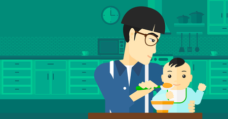 An asian young dad holding a spoon and feeding baby on a kitchen background vector flat design illustration. Horizontal layout.のイラスト素材