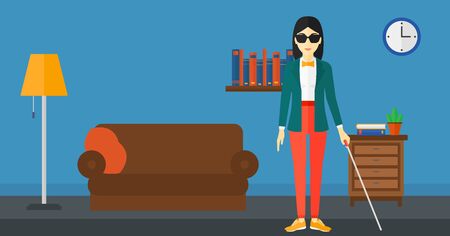 An asian blind woman in dark glasses standing with walking stick on the background of furnished room vector flat design illustration. Horizontal layout.のイラスト素材