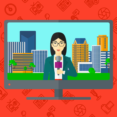 Television set broadcasting the news with an asian reporter vector flat design illustration isolated on red background with media icons. Square layout.のイラスト素材