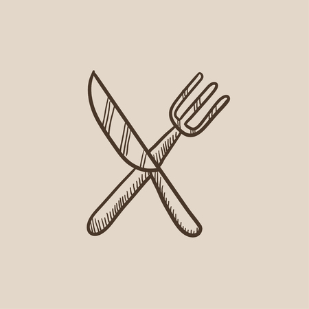 Crossed  knife and fork sketch icon for web, mobile and infographics. Hand drawn vector isolated icon.のイラスト素材