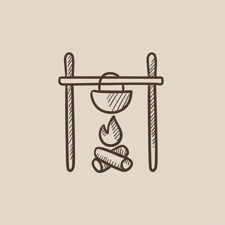 Cooking in cauldron on campfire sketch icon for web, mobile and infographics. Hand drawn vector isolated icon.のイラスト素材