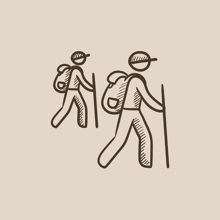 Tourist backpackers sketch icon for web, mobile and infographics. Hand drawn vector isolated icon.のイラスト素材