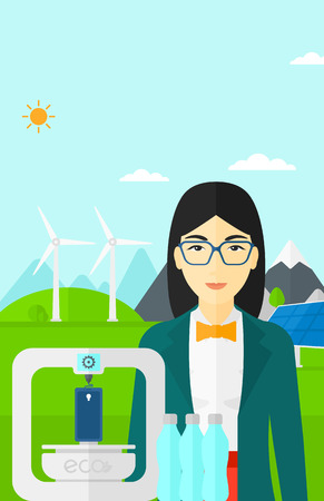 An asian woman standing near 3D printer making a smartphone using recycled plastic on the background of solar panels and wind turbines in mountains vector flat design illustration. Vertical layout.のイラスト素材
