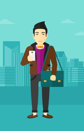 An asian man using a smartphone on a city background vector flat design illustration. Vertical layout.のイラスト素材