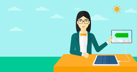 An asian woman charging a tablet computer with solar panel on the background of blue sky vector flat design illustration. Horizontal layout.のイラスト素材