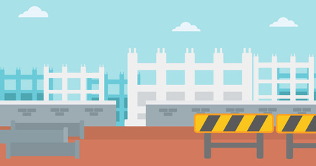 Background of construction site with pipes and road barriers vector flat design illustration. Horizontal layout.のイラスト素材