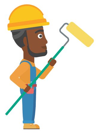 An african-american man standing with a paint roller vector flat design illustration isolated on white background.のイラスト素材