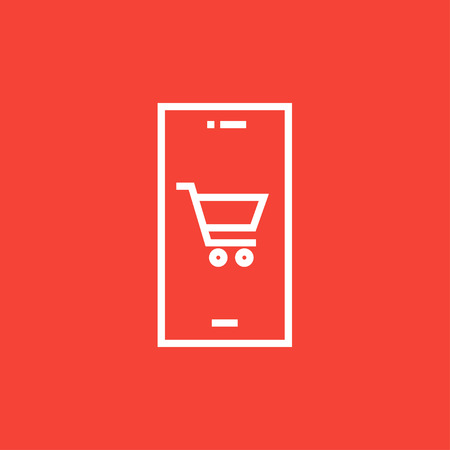 Mobile phone with shopping cart on a screen thick line icon with pointed corners and edges for web, mobile and infographics. Vector isolated icon.のイラスト素材