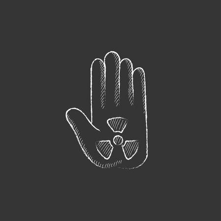 Ionizing radiation sign on a palm. Hand drawn in chalk vector isolated icon for web, mobile and infographics.のイラスト素材