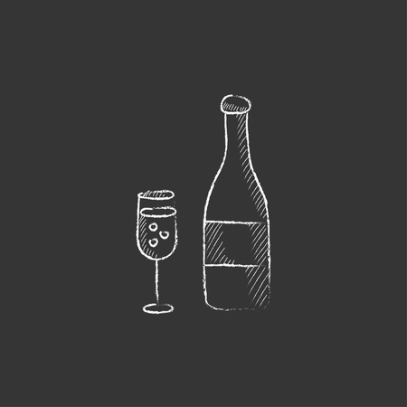 Bottle of champaign and glass. Hand drawn in chalk vector isolated icon for web, mobile and infographics.のイラスト素材