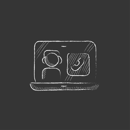 Laptop with a man in headphones on a screen. Hand drawn in chalk vector isolated icon for web, mobile and infographics.のイラスト素材