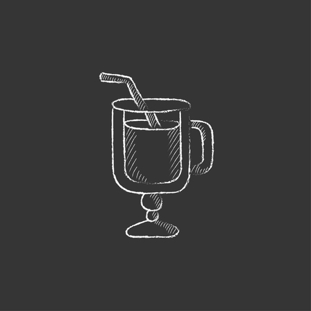 Glass with drinking straw. Hand drawn in chalk vector isolated icon for web, mobile and infographics.のイラスト素材