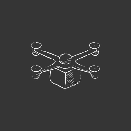 Drone delivering a package. Hand drawn in chalk vector isolated icon for web, mobile and infographics.のイラスト素材