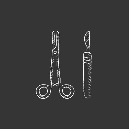 Medical scalpel and clamp. Hand drawn in chalk vector isolated icon for web, mobile and infographics.のイラスト素材