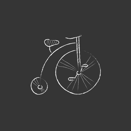 Old bicycle with big wheel. Hand drawn in chalk vector isolated icon for web, mobile and infographics.のイラスト素材