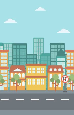Background of modern city and a road vector flat design illustration. Vertical layout.のイラスト素材