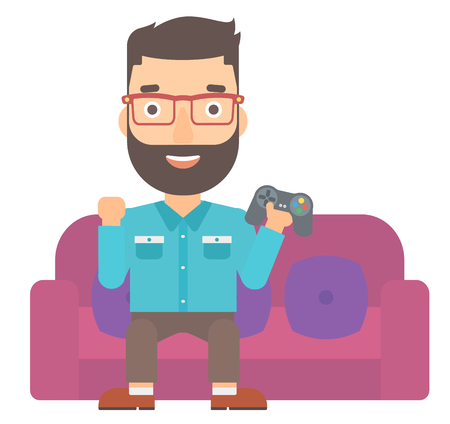 A hipster man with the beard sitting on a sofa with gamepad in hands vector flat design illustration isolated on white background.のイラスト素材
