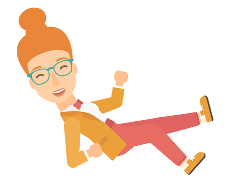 A busines woman get thrown into the air by coworkers during celebration vector flat design illustration isolated on white background.のイラスト素材