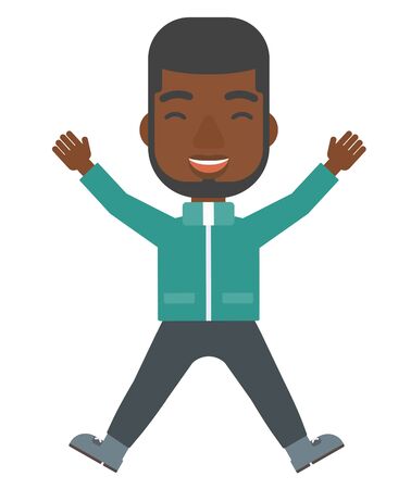 An african-american man lying down on a snow and moving his arms and legs up and down creating a snow angel figure vector flat design illustration isolated on white background.のイラスト素材
