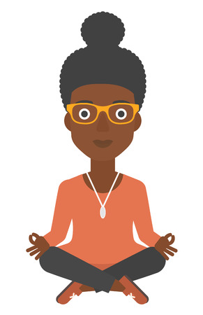 An african-american business woman meditating in lotus pose vector flat design illustration isolated on white background.のイラスト素材