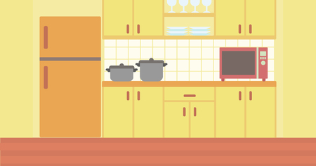 Background of kitchen with kitchenware vector flat design illustration. Horizontal layout.のイラスト素材