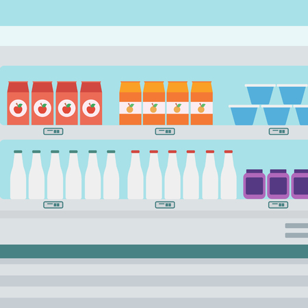 Supermarket shelves with dairy products vector flat design illustration. Square layout.のイラスト素材