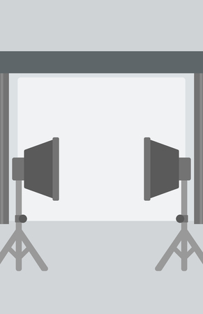 Background of empty photo studio with lighting equipment vector flat design illustration. Vertical layout.のイラスト素材