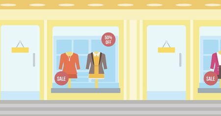 Background of women boutique window with dressed mannequins vector flat design illustration. Horizontal layout.のイラスト素材