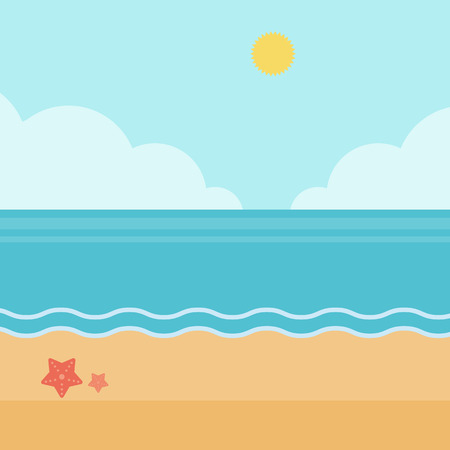 Background of sand beach with blue sea vector flat design illustration. Square layout.のイラスト素材
