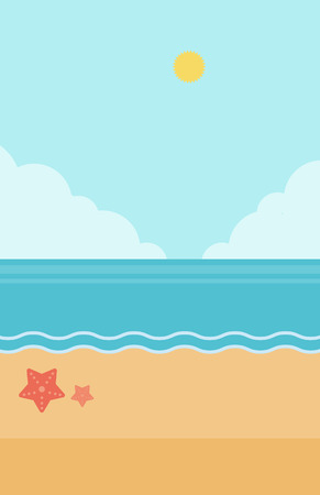 Background of sand beach with blue sea vector flat design illustration. Vertical layout.のイラスト素材
