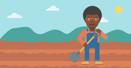 An african-american man with shovel on the background of plowed agricultural field vector flat design illustration. Horizontal layout.のイラスト素材