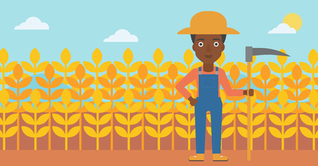 An african-american woman with a scythe on the background of wheat field vector flat design illustration. Horizontal layout.のイラスト素材