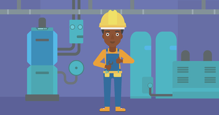 An african-american female repairer engineer with a spanner in hand showing thumb up sign on a background of domestic household boiler room with heating system and pipes vector flat design illustration. Horizontal layout.のイラスト素材