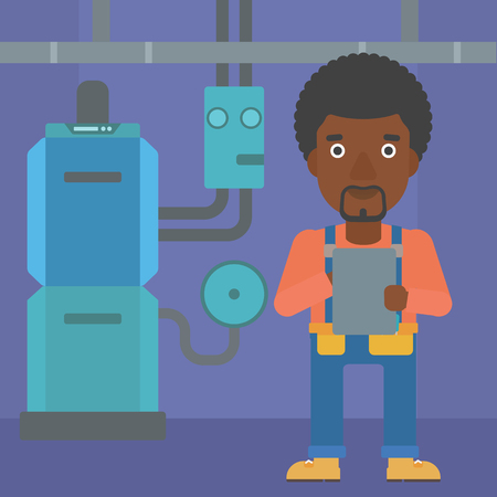 An african-american man making some notes in his tablet on a background of domestic household boiler room with heating system and pipes vector flat design illustration. Square layout.のイラスト素材