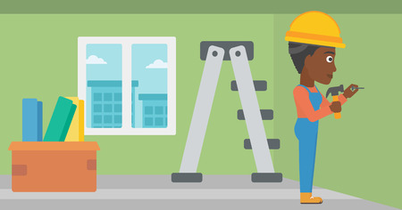 An african-american woman hitting a nail in the wall with a hummer on a background of room with step-ladder vector flat design illustration. Horizontal layout.のイラスト素材