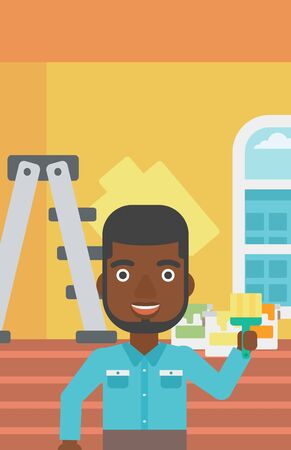 An african-american man holding a paint brush on a background of room with paint cans and ladder vector flat design illustration. Vertical layout.のイラスト素材