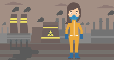 A woman wearing a protective chemical suit for toxic atmosphere on background of nuclear power plant vector flat design illustration. Horizontal layout.のイラスト素材