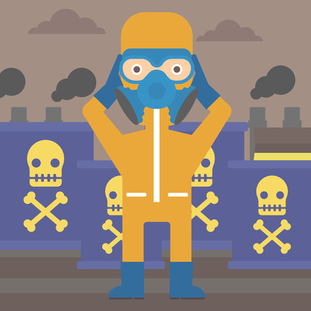 A man in protective chemical suit clutching his head on the background of radioactive barrel vector flat design illustration. Square layout.のイラスト素材