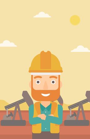 A hipster man in helmet standing with crossed arms on an oil derrick background vector flat design illustration. Vertical layout.のイラスト素材