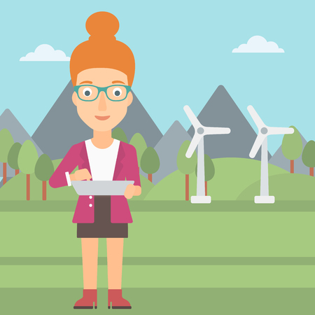 A woman holding a tablet computer in hands on a background with solar pannels and wind turbins vector flat design illustration. Square layout.のイラスト素材