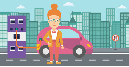 A woman charging her electric car on a city background vector flat design illustration. Horizontal layout.のイラスト素材